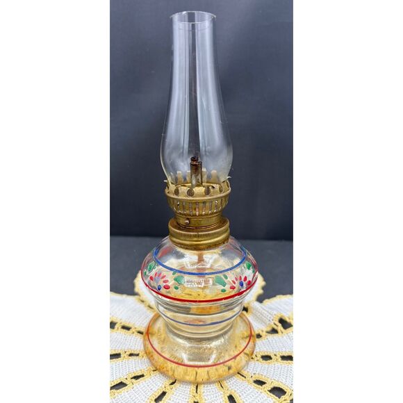 Vintage Mini Oil Lamp Hand Painted Flowers Clear Glass - Picture 2 of 4